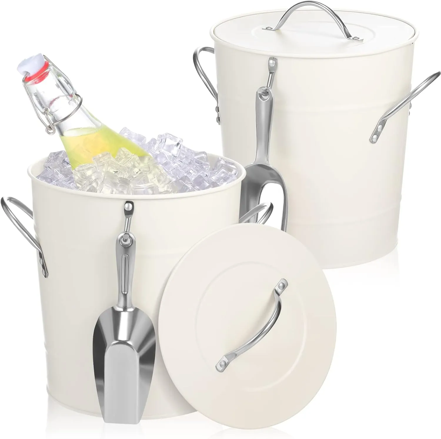 2 Pack Ice Buckets with Scoops 4QT Stainless Steel Ice Bucket Container for Party White Drink Champagne Insulated Server for Bars Home Barbecue Picnics Camping with Lids and Handles