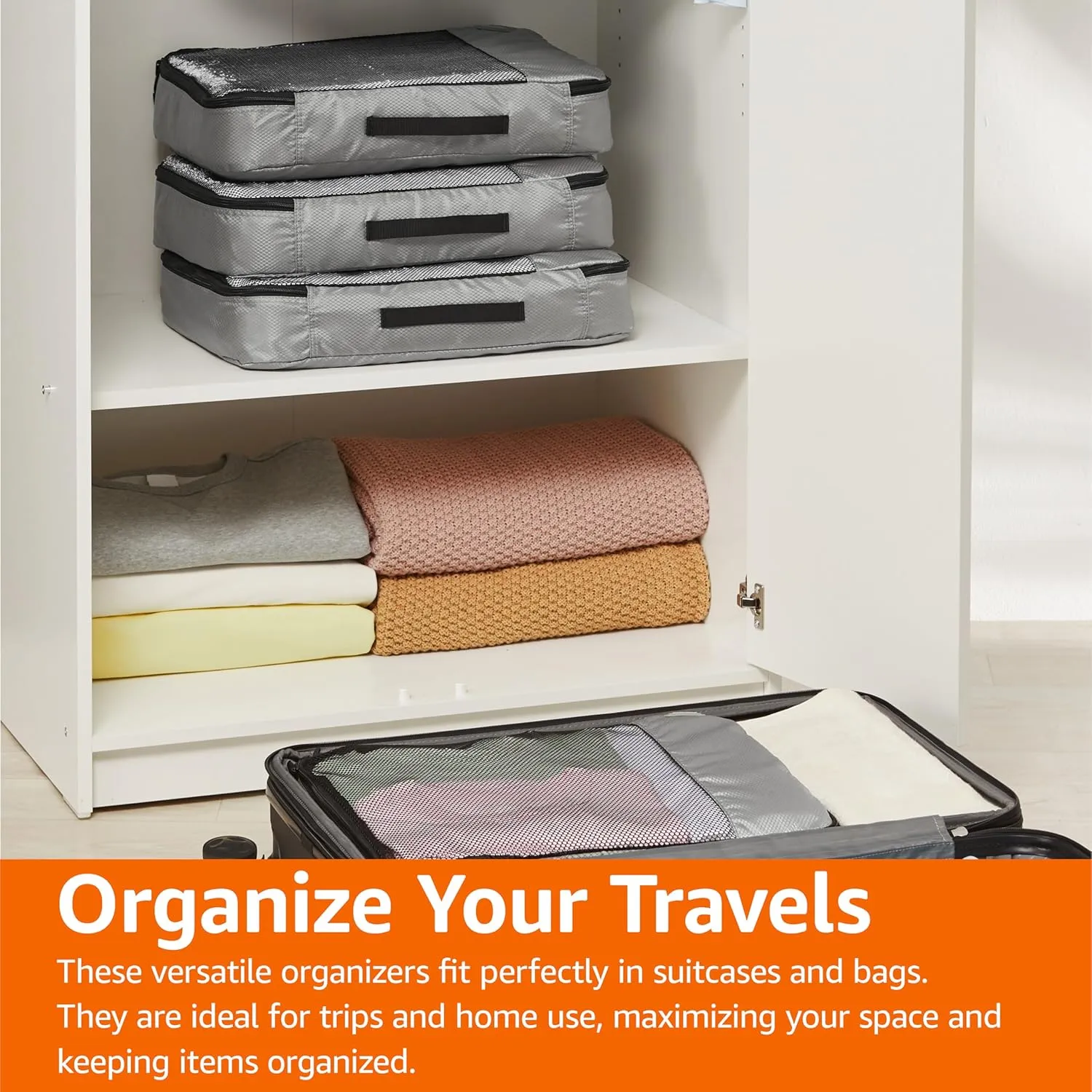 Amazon Basics 4 Piece Packing Cubes Travel Organizer Set with Double Zipper, Mesh Top, Large, Gray