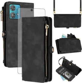 Asuwish Phone Case for Motorola Edge 40 Neo Zipper Wallet Cell Cover with Tempered Glass Screen Protector Crossbody Wrist Strap Flip Credit Card Holder Slot Moto Edge40 40Neo 5G Women Men Black