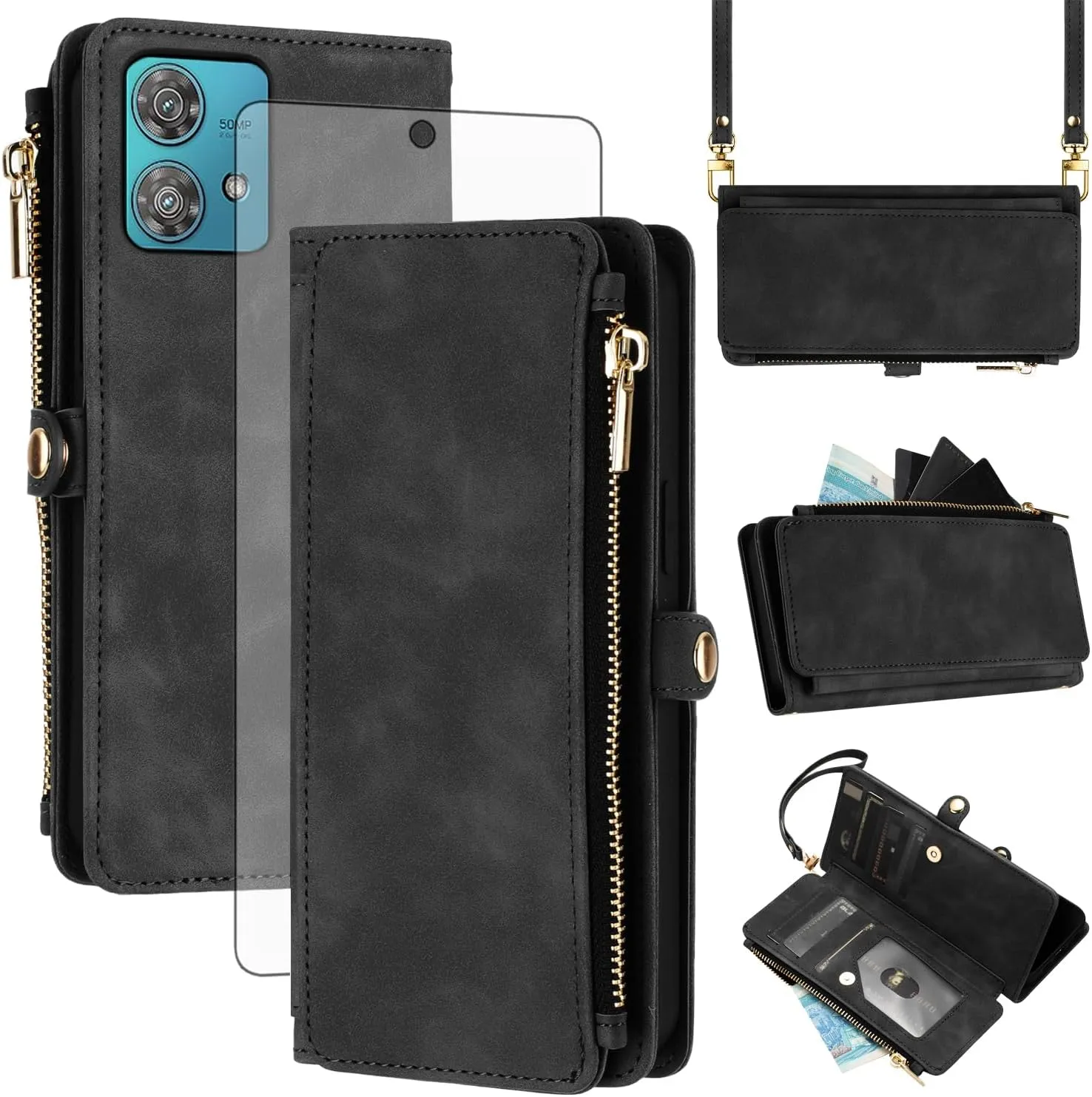 Asuwish Phone Case for Motorola Edge 40 Neo Zipper Wallet Cell Cover with Tempered Glass Screen Protector Crossbody Wrist Strap Flip Credit Card Holder Slot Moto Edge40 40Neo 5G Women Men Black