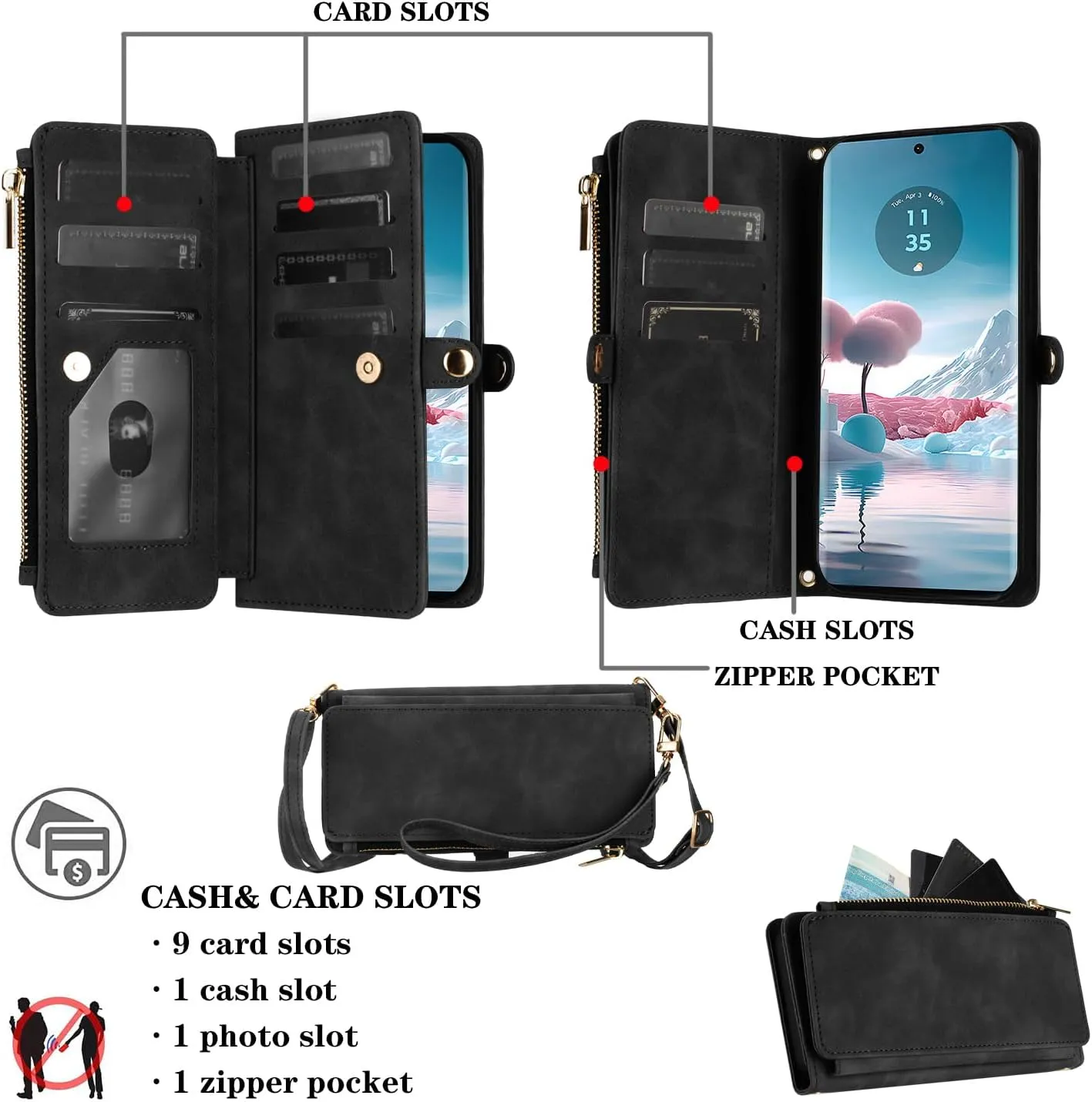 Asuwish Phone Case for Motorola Edge 40 Neo Zipper Wallet Cell Cover with Tempered Glass Screen Protector Crossbody Wrist Strap Flip Credit Card Holder Slot Moto Edge40 40Neo 5G Women Men Black