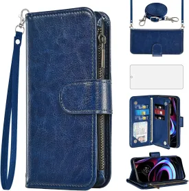 Asuwish Phone Case for Motorola Moto Edge 2021/MotoEdge 5G UW 2021 Wallet Cell Cover with Screen Protector Crossbody Strap Flip Zipper Card Holder Credit Folio Slot Stand XT2141-1 Women Girls Men Blue