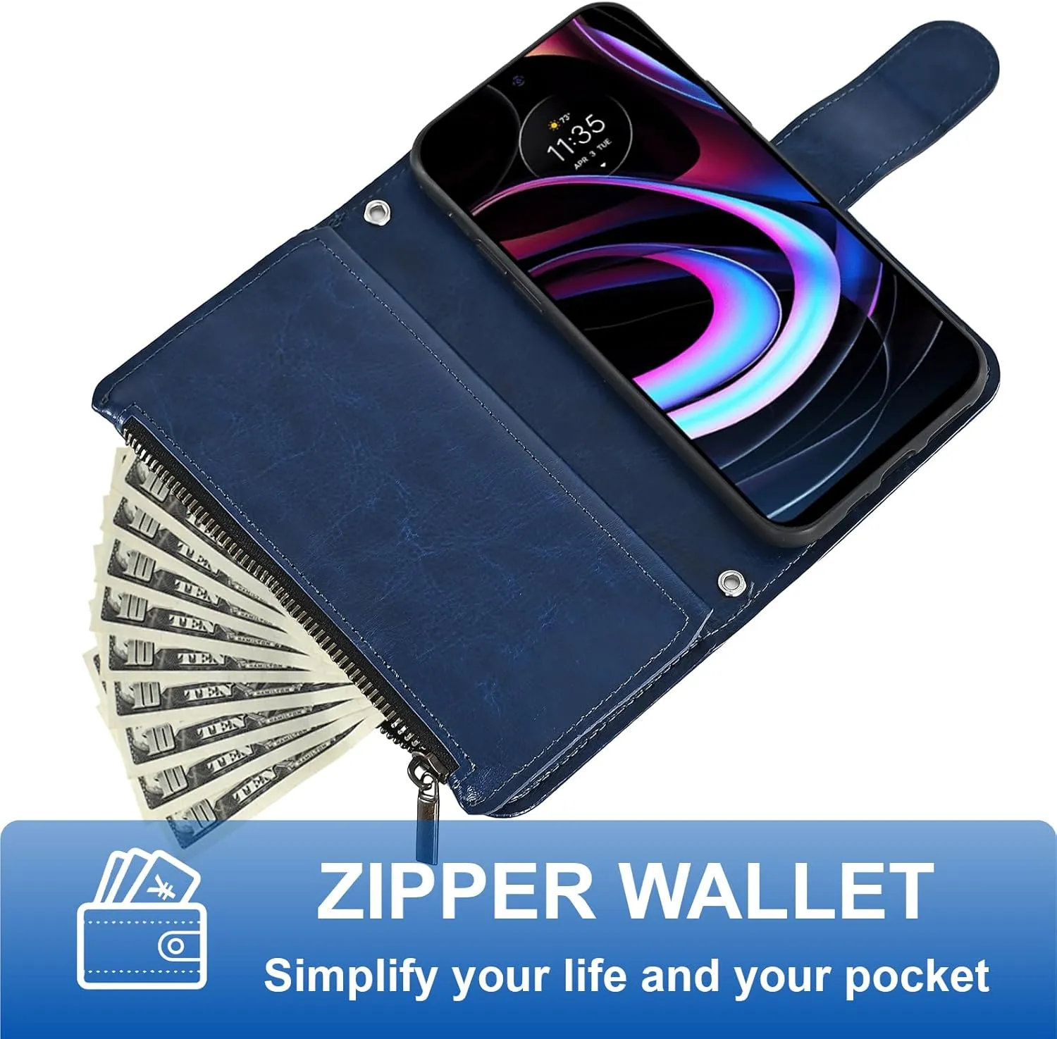 Asuwish Phone Case for Motorola Moto Edge 2021/MotoEdge 5G UW 2021 Wallet Cell Cover with Screen Protector Crossbody Strap Flip Zipper Card Holder Credit Folio Slot Stand XT2141-1 Women Girls Men Blue