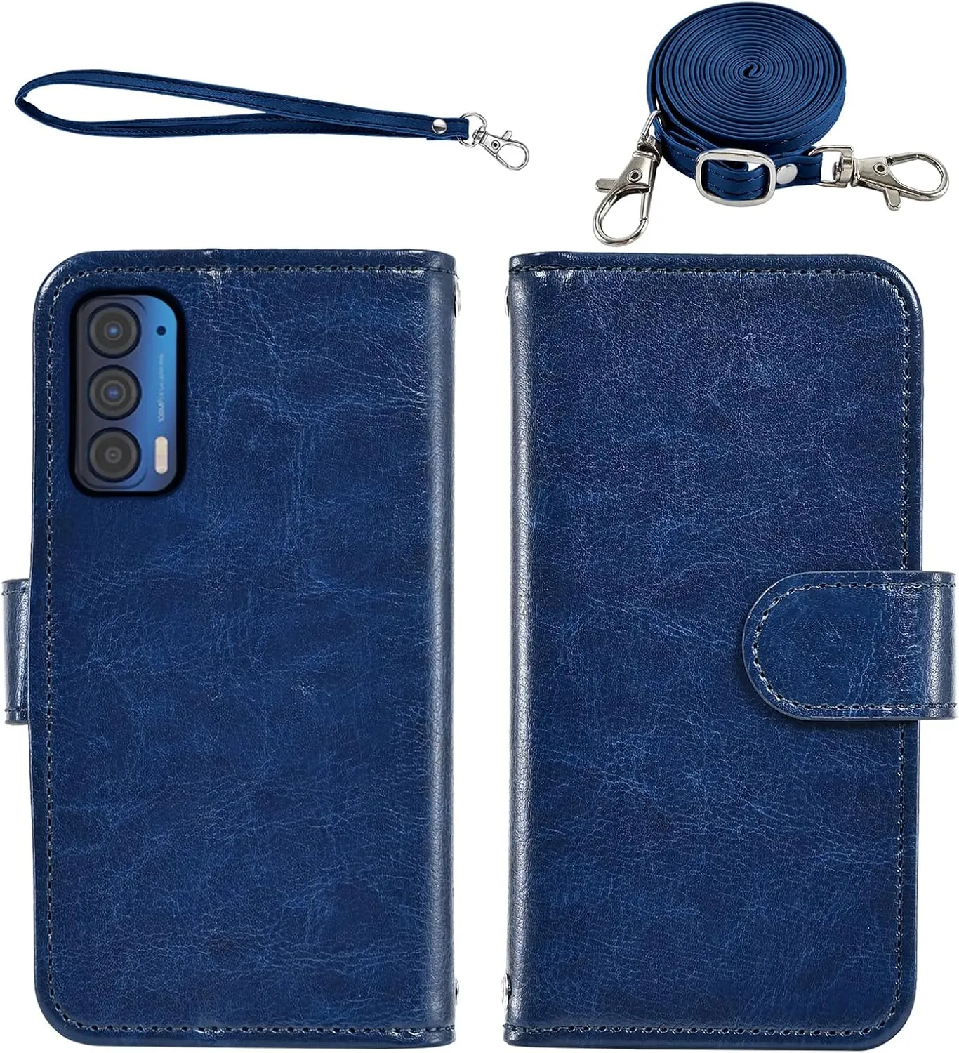 Asuwish Phone Case for Motorola Moto Edge 2021/MotoEdge 5G UW 2021 Wallet Cell Cover with Screen Protector Crossbody Strap Flip Zipper Card Holder Credit Folio Slot Stand XT2141-1 Women Girls Men Blue