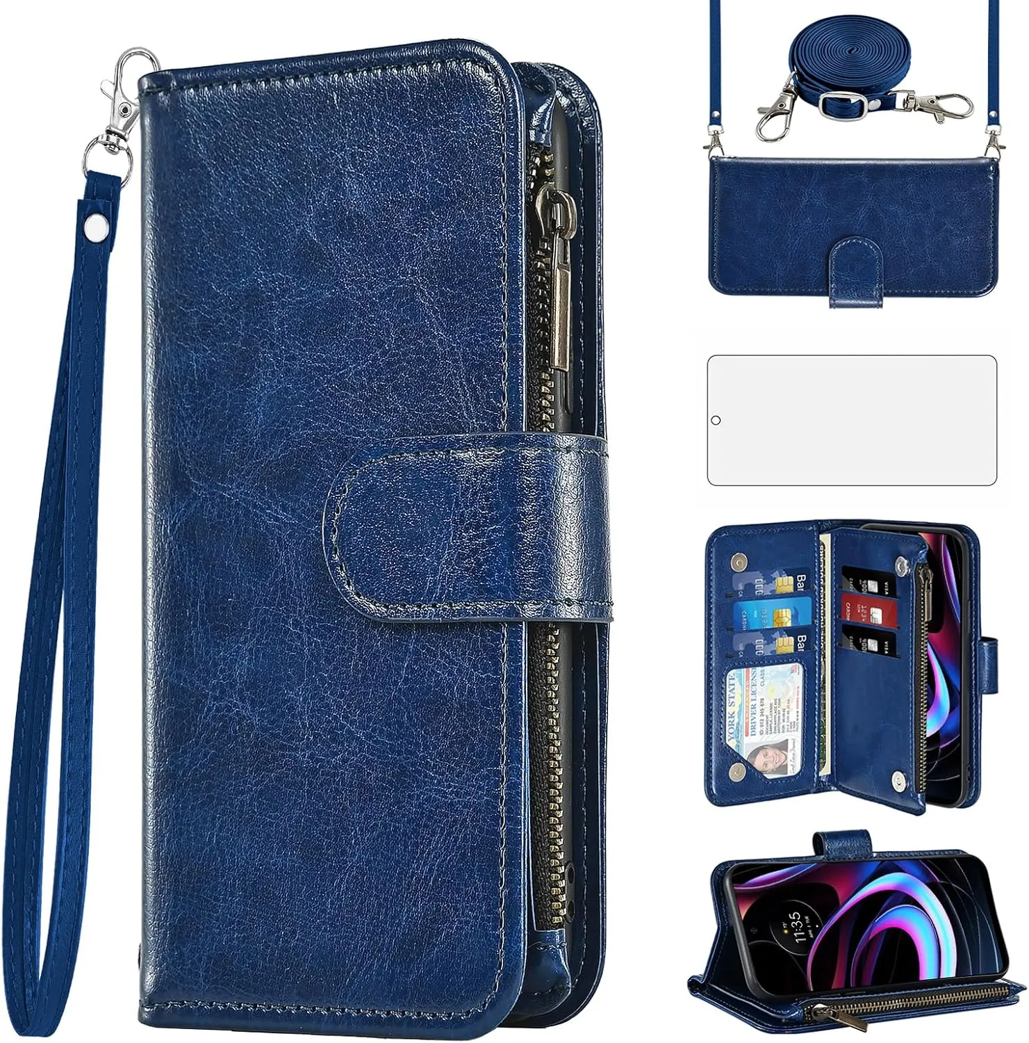 Asuwish Phone Case for Motorola Moto Edge 2021/MotoEdge 5G UW 2021 Wallet Cell Cover with Screen Protector Crossbody Strap Flip Zipper Card Holder Credit Folio Slot Stand XT2141-1 Women Girls Men Blue