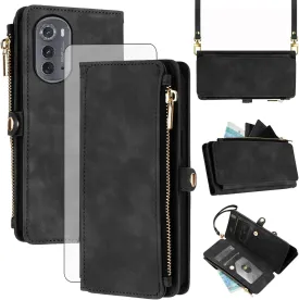 Asuwish Phone Case for Motorola Moto Edge 2022/MotoEdge 5G UW 2022 Zipper Wallet Cell Cover with Tempered Glass Screen Protector Crossbody Strap Flip Card Holder Gen 3 XT2205-1 XT2205-2 6.6 Men Black