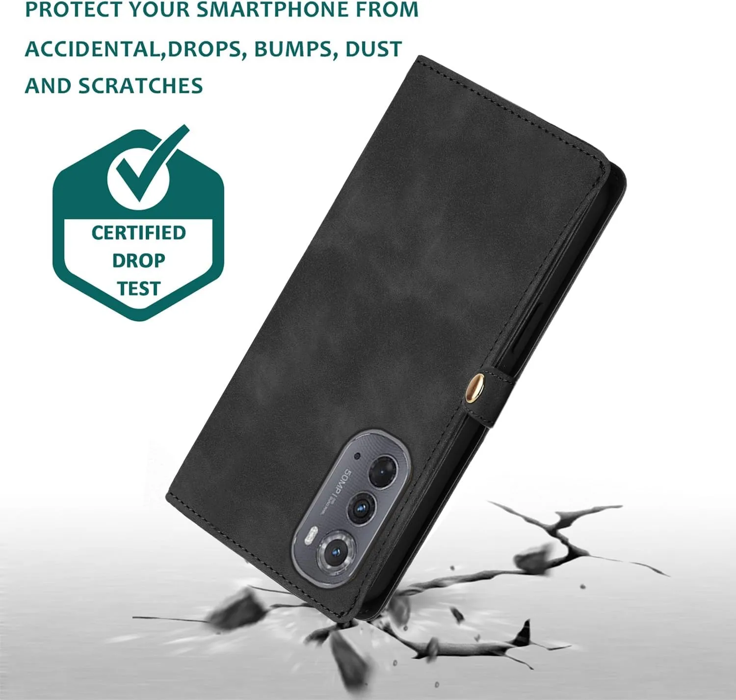 Asuwish Phone Case for Motorola Moto Edge 2022/MotoEdge 5G UW 2022 Zipper Wallet Cell Cover with Tempered Glass Screen Protector Crossbody Strap Flip Card Holder Gen 3 XT2205-1 XT2205-2 6.6 Men Black