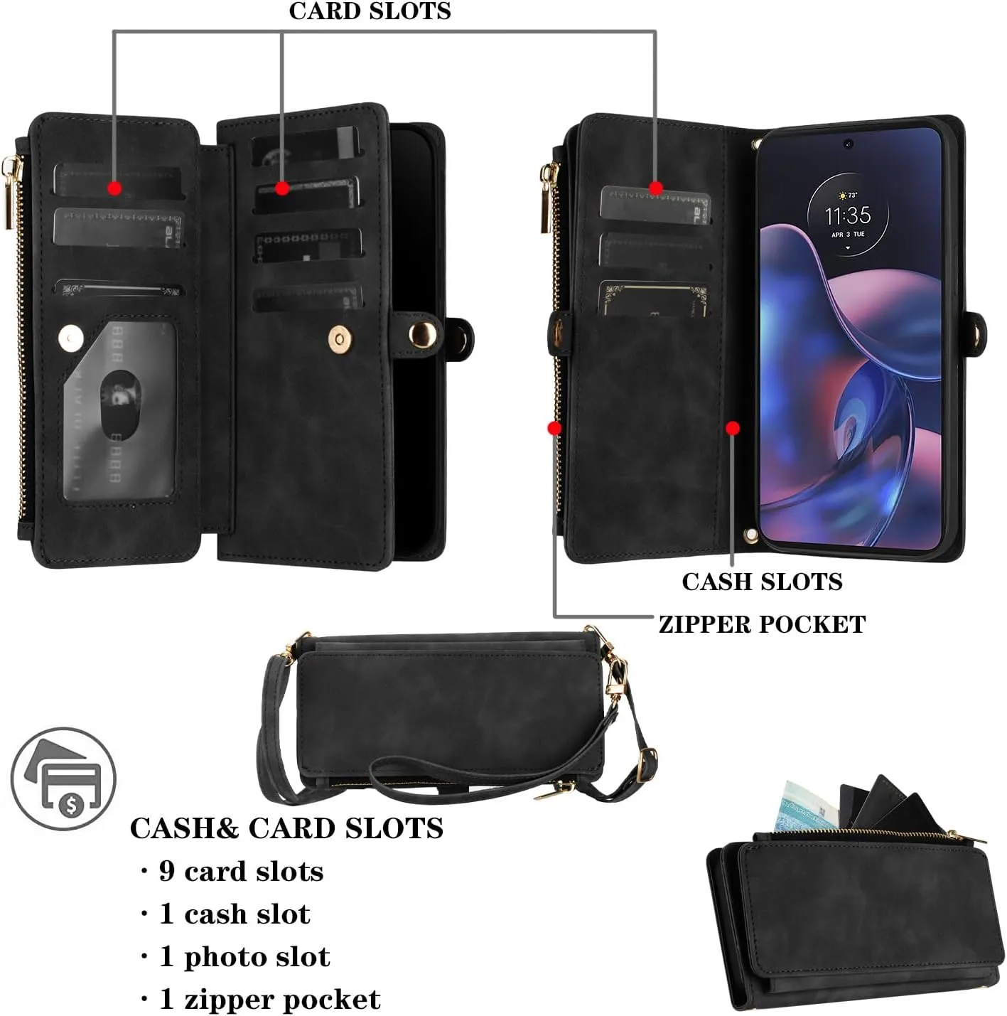 Asuwish Phone Case for Motorola Moto Edge 2022/MotoEdge 5G UW 2022 Zipper Wallet Cell Cover with Tempered Glass Screen Protector Crossbody Strap Flip Card Holder Gen 3 XT2205-1 XT2205-2 6.6 Men Black