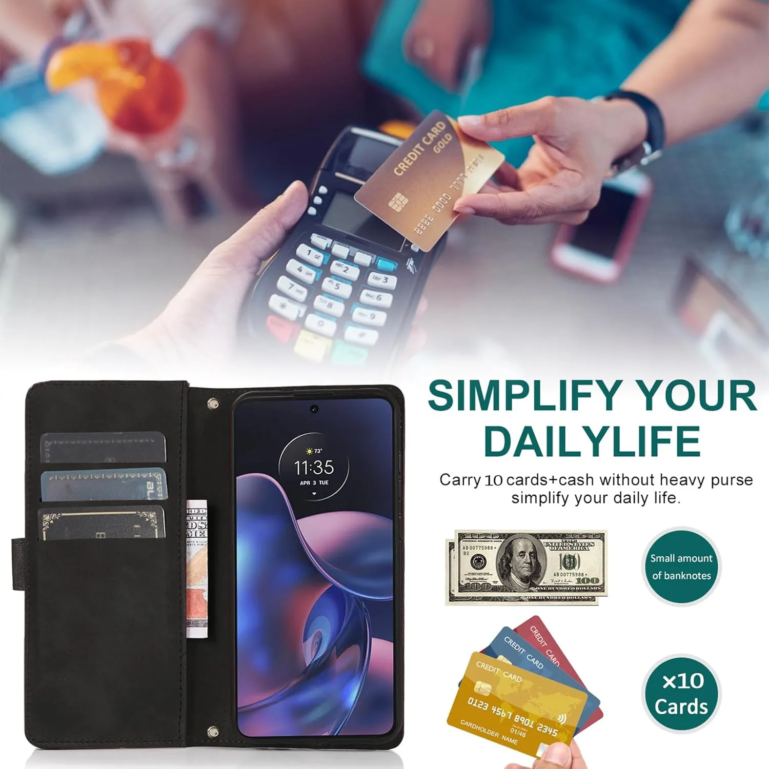 Asuwish Phone Case for Motorola Moto Edge 2022/MotoEdge 5G UW 2022 Zipper Wallet Cell Cover with Tempered Glass Screen Protector Crossbody Strap Flip Card Holder Gen 3 XT2205-1 XT2205-2 6.6 Men Black