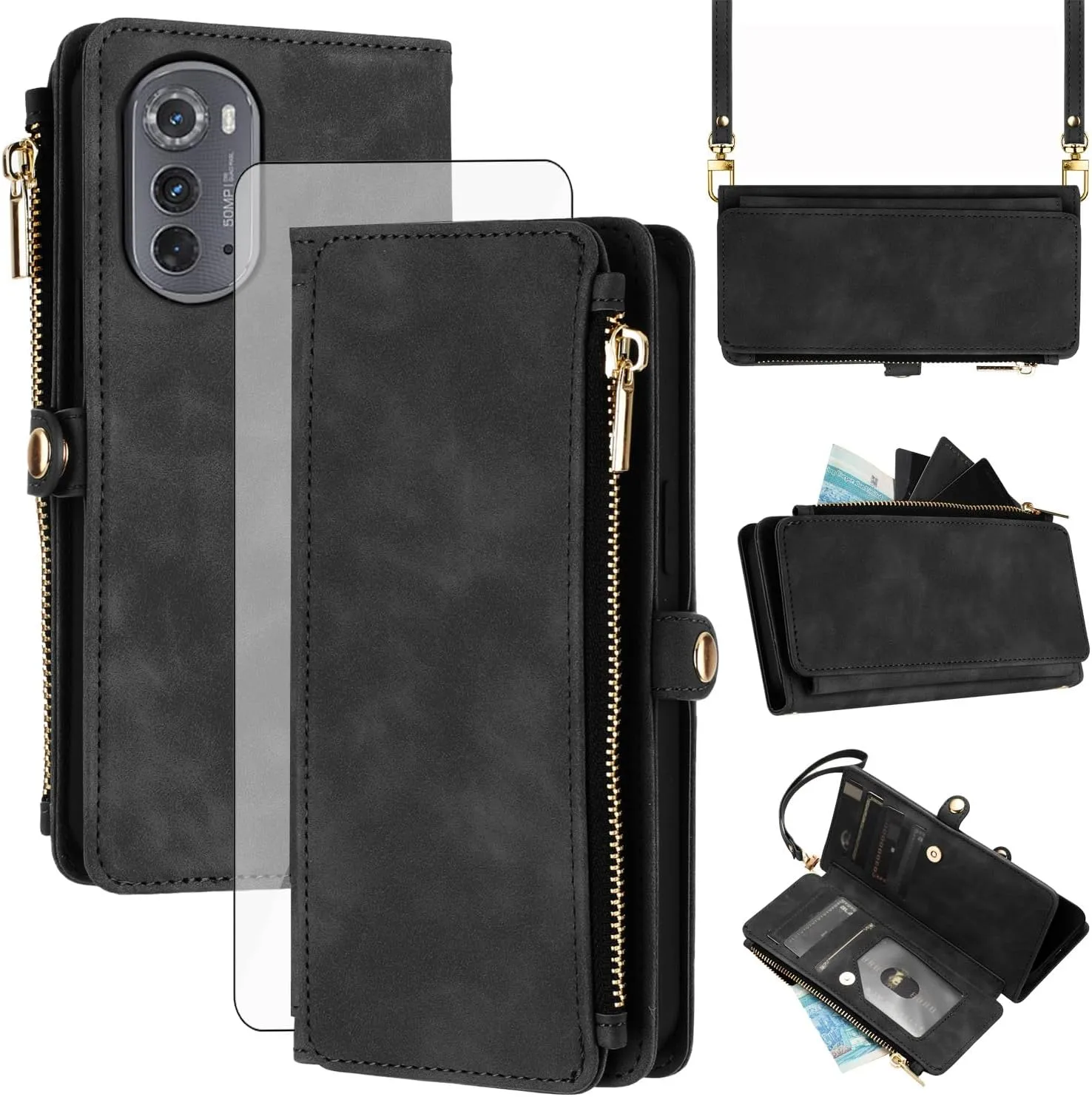 Asuwish Phone Case for Motorola Moto Edge 2022/MotoEdge 5G UW 2022 Zipper Wallet Cell Cover with Tempered Glass Screen Protector Crossbody Strap Flip Card Holder Gen 3 XT2205-1 XT2205-2 6.6 Men Black