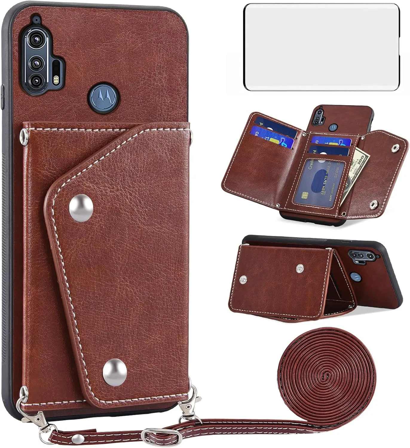 Asuwish Phone Case for Motorola Moto Edge 5G 2020 Wallet Cover with Tempered Glass Screen Protector and Credit Card Holder Crossbody Strap Stand Leather Cell Accessories MotoEdge G5 Women Girls Brown