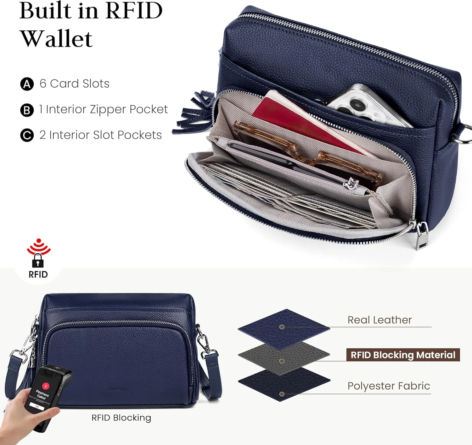 befen Genuine Leather Crossbody Purses for Women Lightweight Small Crossbody Bags Purse with Built in RFID Blocking Wallet