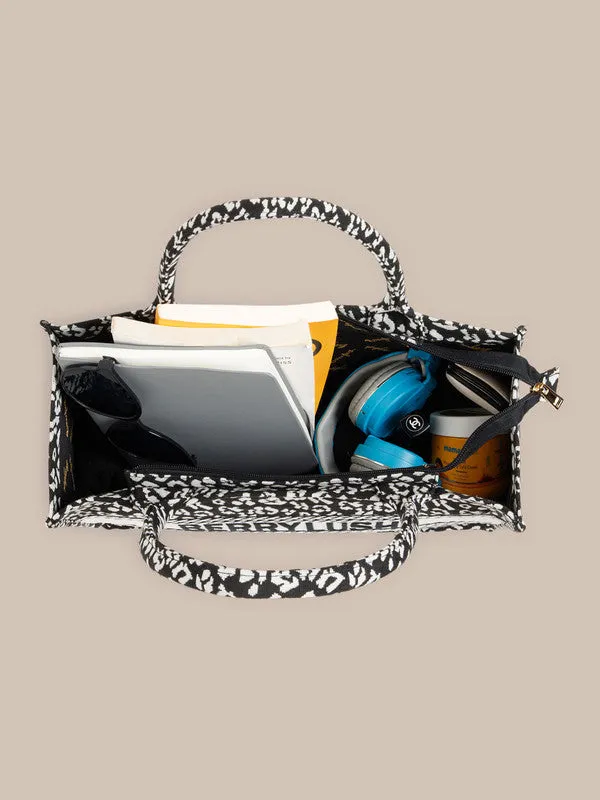 Berrylush Women Black & White Animal Printed Fabric Two Handle Zipper-Up Embellished Tote Bag