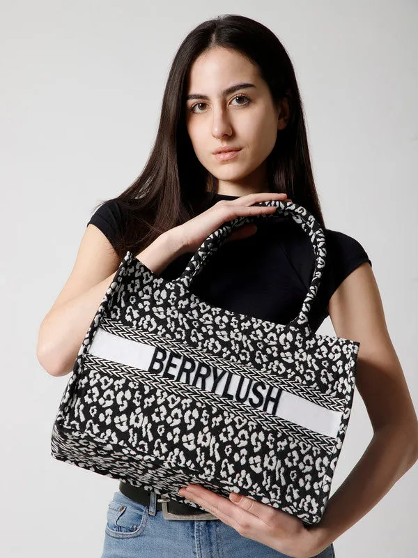Berrylush Women Black & White Animal Printed Fabric Two Handle Zipper-Up Embellished Tote Bag