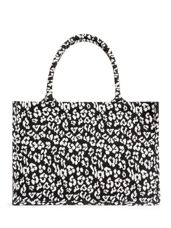 Berrylush Women Black & White Animal Printed Fabric Two Handle Zipper-Up Embellished Tote Bag