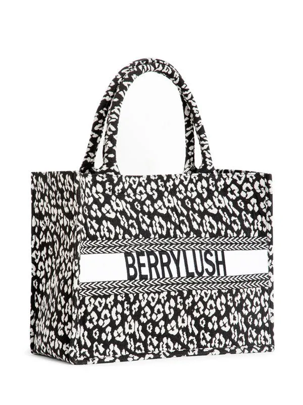 Berrylush Women Black & White Animal Printed Fabric Two Handle Zipper-Up Embellished Tote Bag