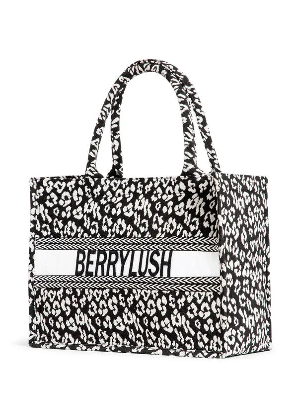 Berrylush Women Black & White Animal Printed Fabric Two Handle Zipper-Up Embellished Tote Bag