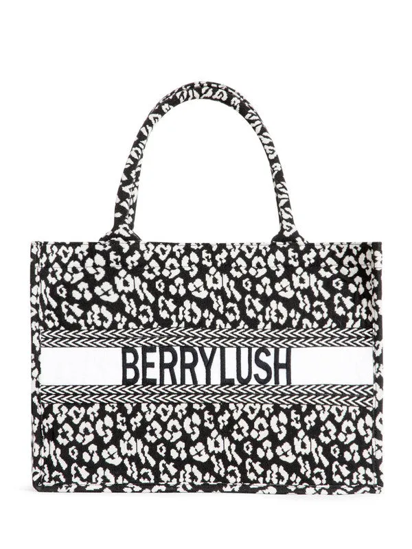 Berrylush Women Black & White Animal Printed Fabric Two Handle Zipper-Up Embellished Tote Bag