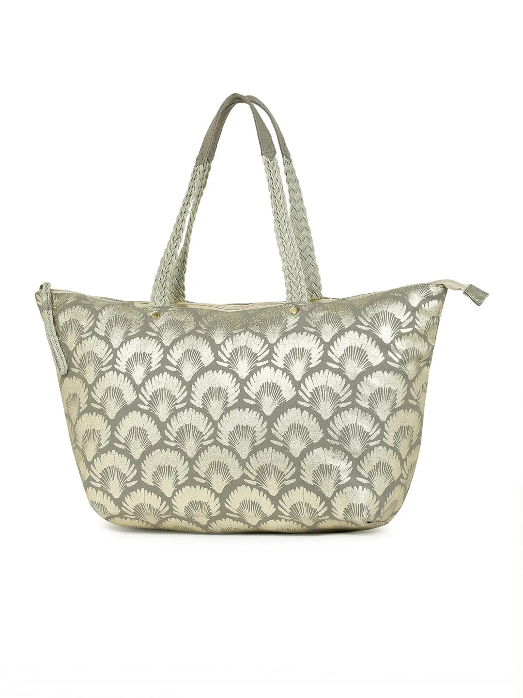Berrylush Women Grey & Silver Floral Printed Canvas Zipper-Up Oversized Tote Bag