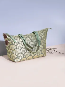 Berrylush Women Grey & Silver Floral Printed Canvas Zipper-Up Oversized Tote Bag