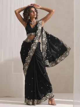 Black Onyx Posh Velvety Saree with Embroidery and Blouse Fabric