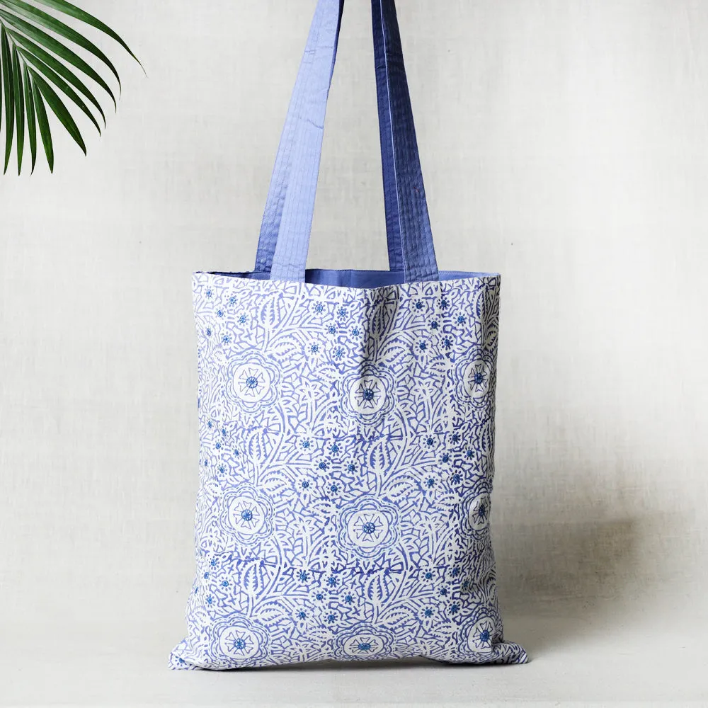 Blue - Kantha Work Block Print Cotton Shoulder Bag