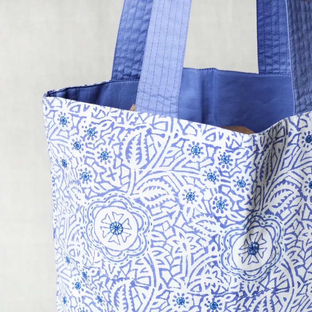 Blue - Kantha Work Block Print Cotton Shoulder Bag
