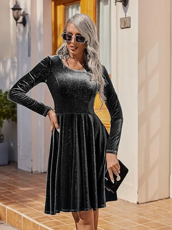 Blue Zone Planet |  Christmas Long-sleeved Round Neck Velvet Mini Dress