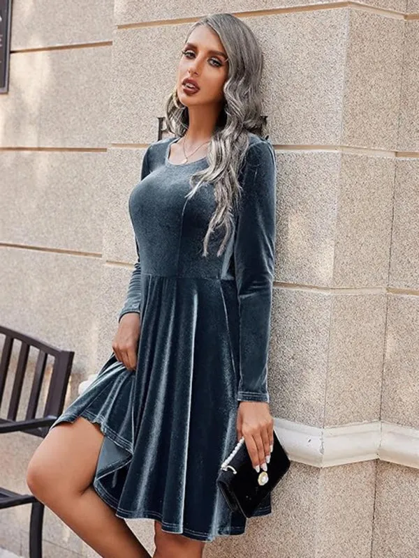 Blue Zone Planet |  Christmas Long-sleeved Round Neck Velvet Mini Dress