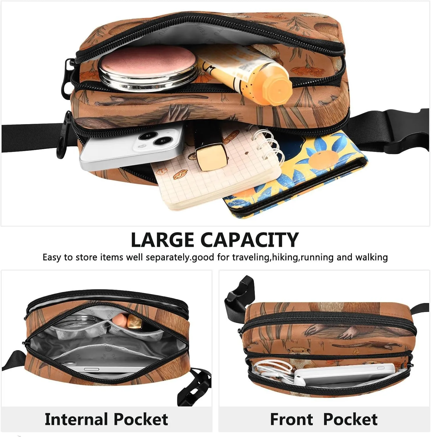 Cartoon Beaver Terracotta Trendy Waist Bag Fanny Pack for Men Women Waterproof Sling Chest Bag with Adjustable Strap for Travel Vacation Running