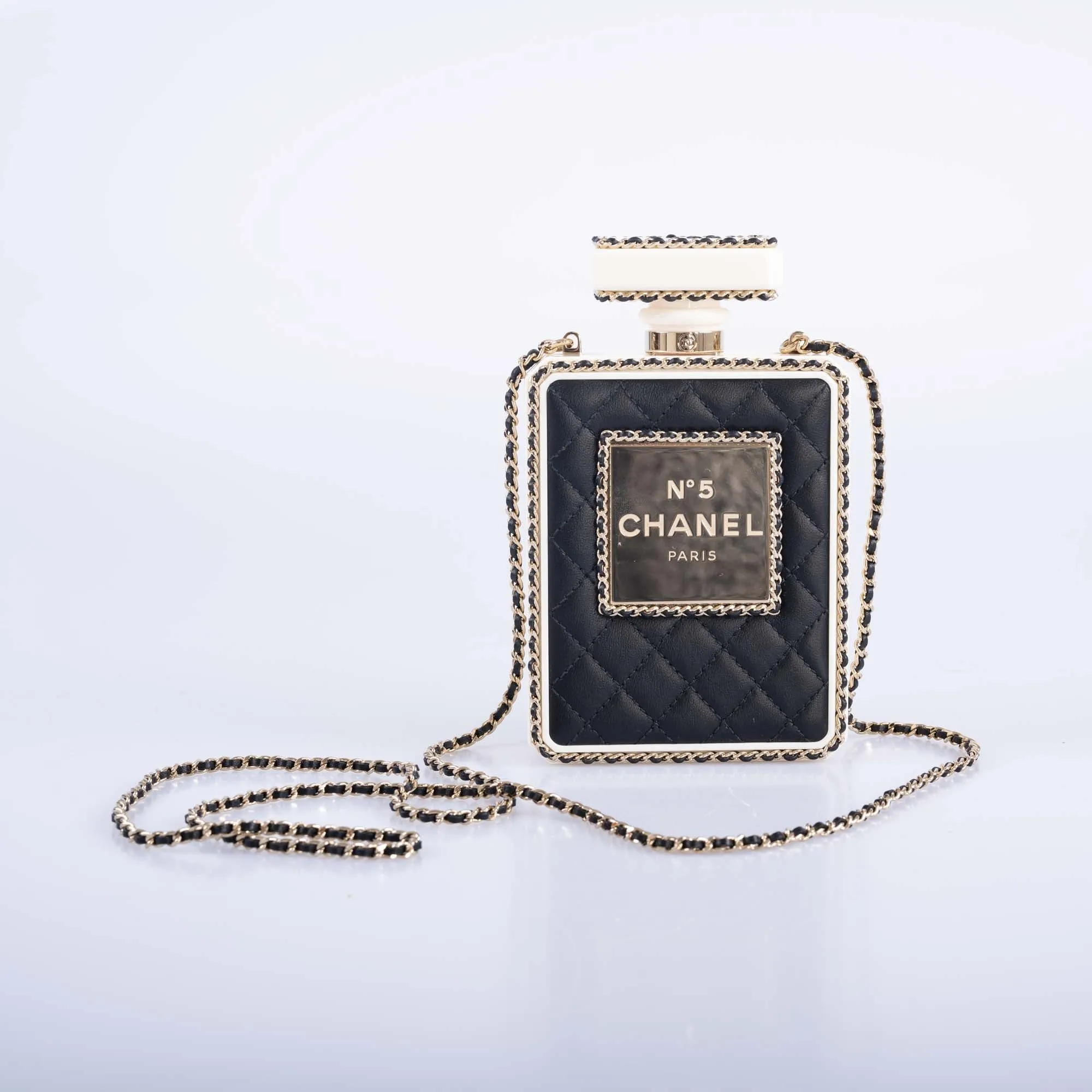 CHANEL Black Quilted Leather and White Perspex Perfume Bottle Minaudiere Gold Hardware