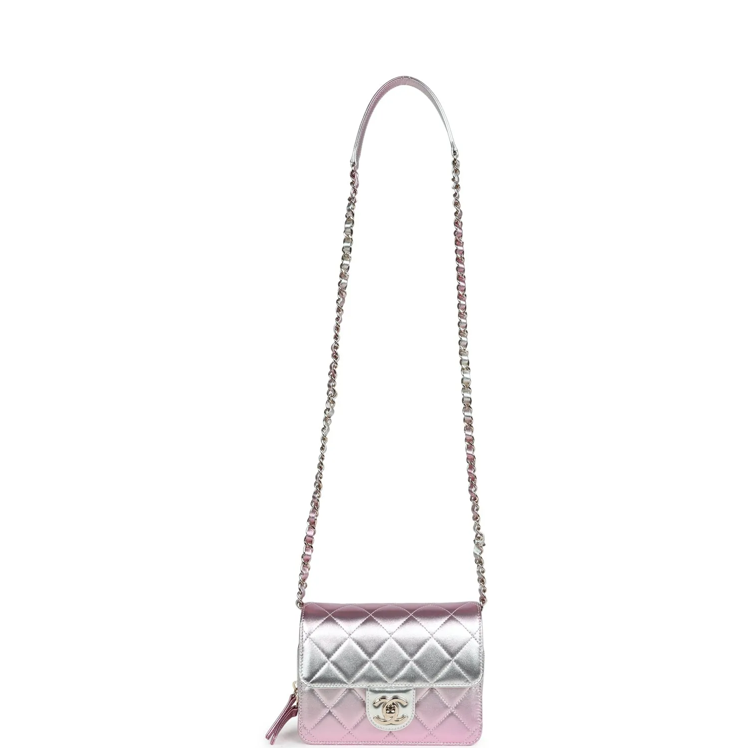 Chanel Mini Flap Bag Pink and Silver Metallic Lambskin Light Gold Hardware