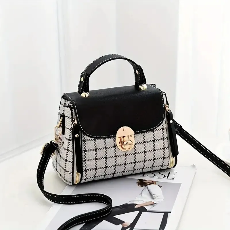 Classic Houndstooth Crossbody Bag with Gold Accents