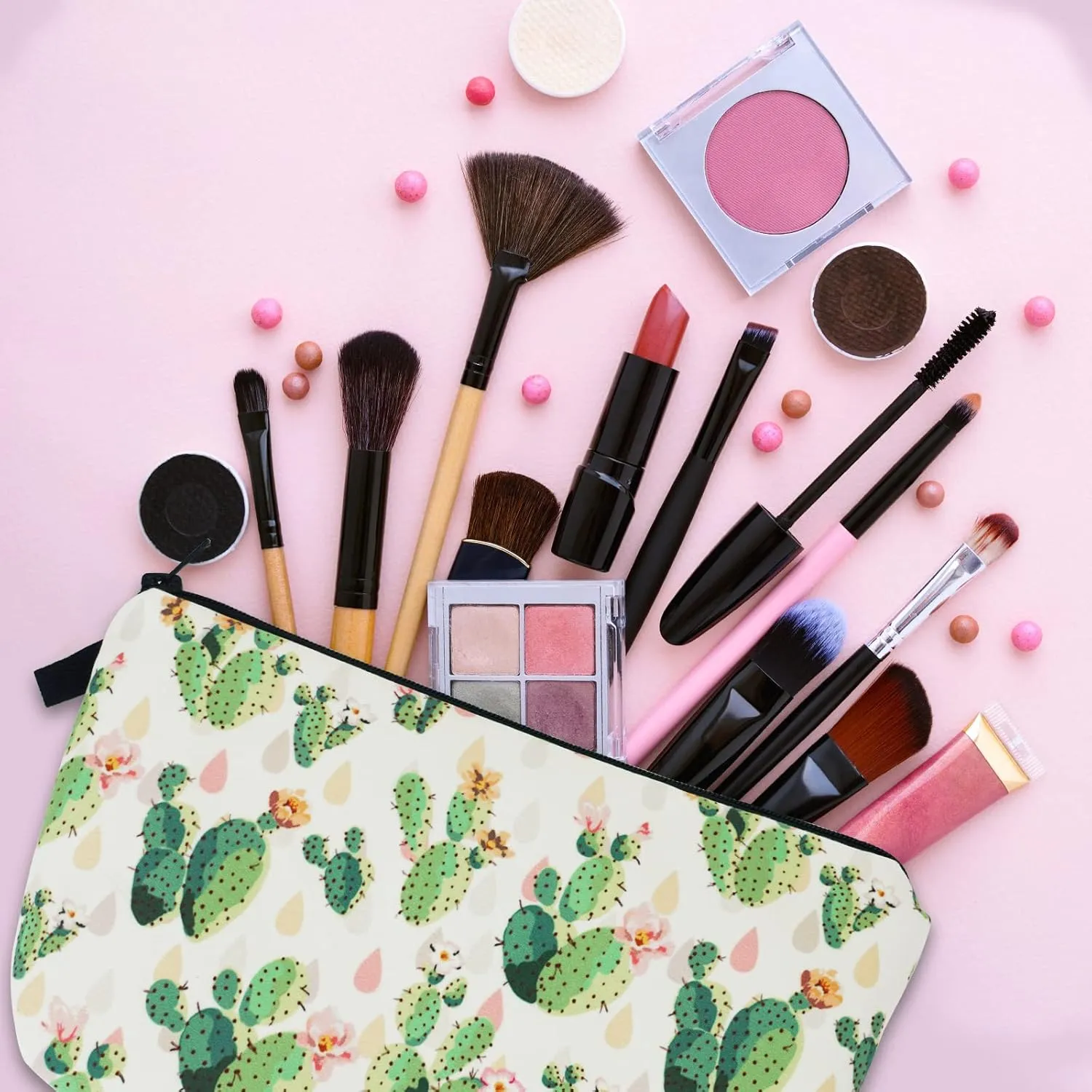 Cosmetic Bags for Women Small Cute Lovely Succulent Cactus Makeup Bag for Purse Travel Toiletry Bag Accessories Organizer Zipper Pouch Gift Idea White