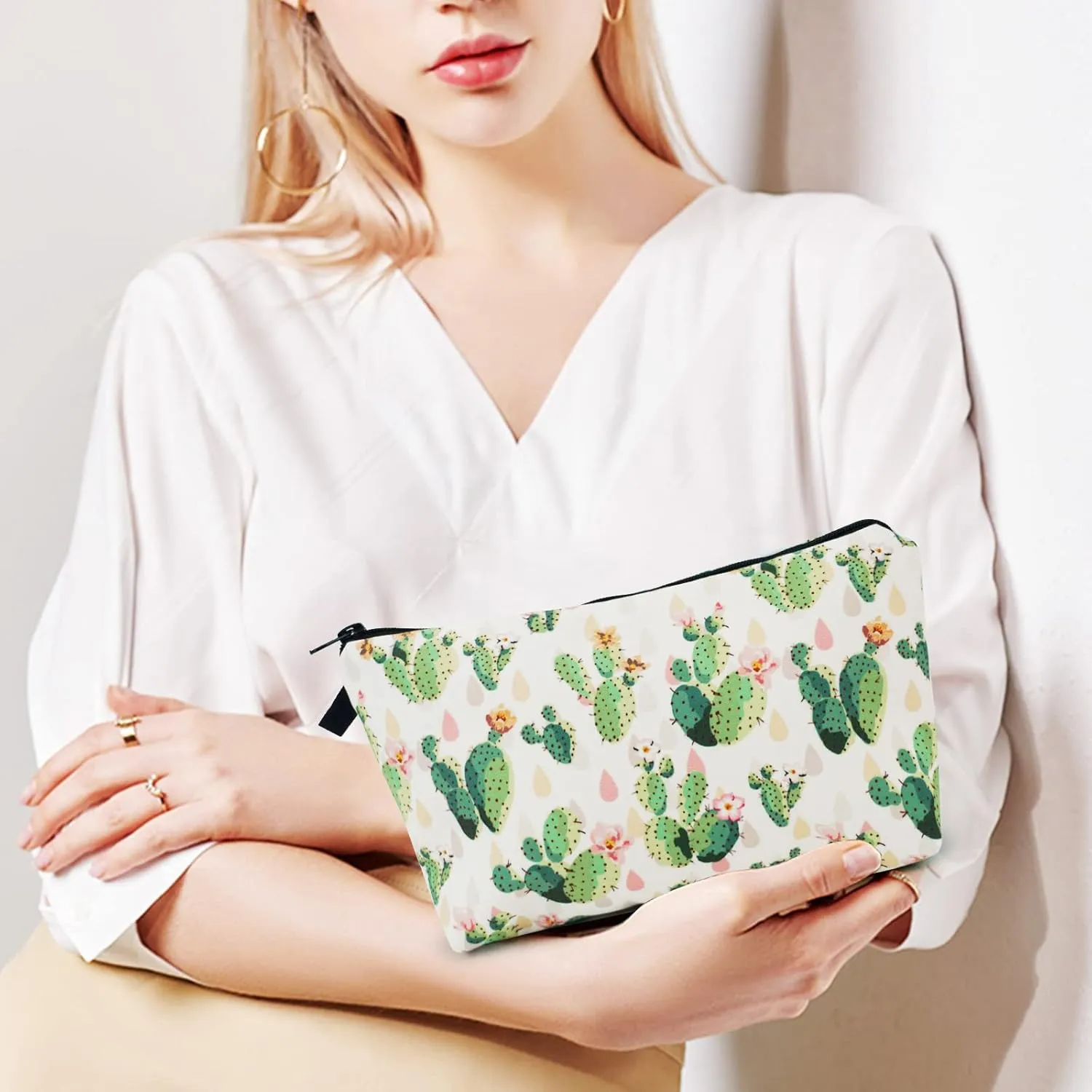 Cosmetic Bags for Women Small Cute Lovely Succulent Cactus Makeup Bag for Purse Travel Toiletry Bag Accessories Organizer Zipper Pouch Gift Idea White