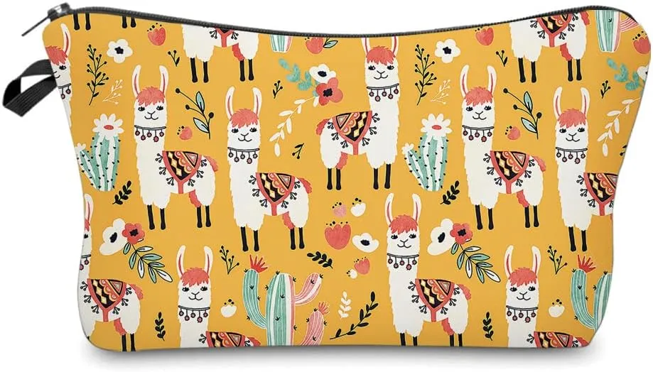 Cosmetic Bags for Women Small Lovely Llama and Cacti Makeup Bag for Purse Travel Toiletry Bag Accessories Organizer Zipper Pouch Gift Idea Yellow