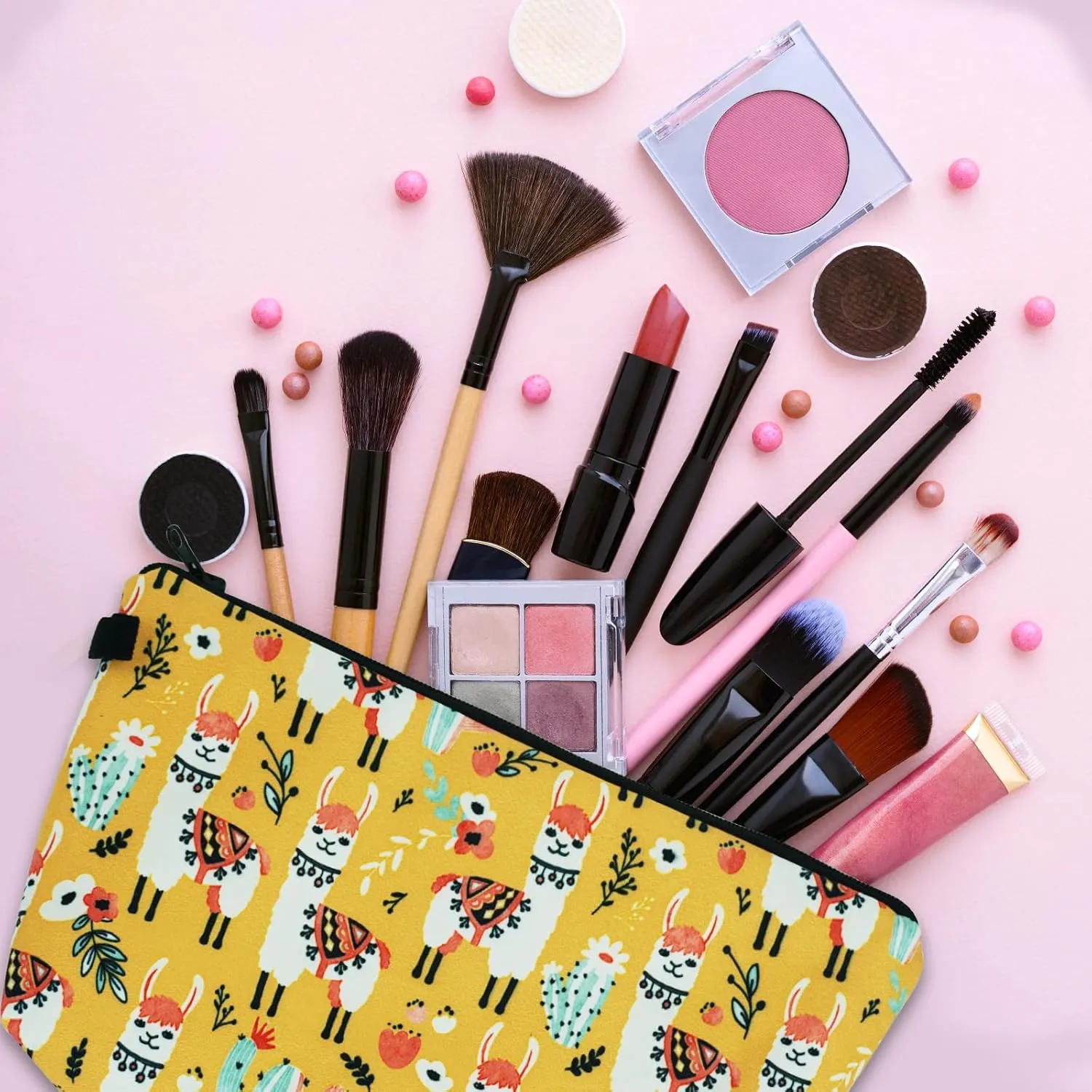 Cosmetic Bags for Women Small Lovely Llama and Cacti Makeup Bag for Purse Travel Toiletry Bag Accessories Organizer Zipper Pouch Gift Idea Yellow