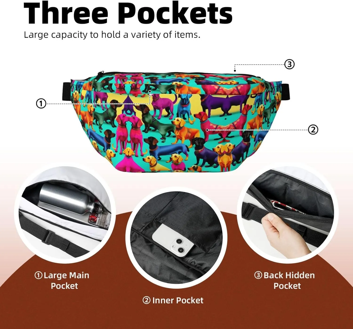 Cute Dachshound Dogs Fanny Pack Crossbody Sling Bag  Zipper Pockets for Travel, Hiking, Cycling, Workouts, and Everyday Use