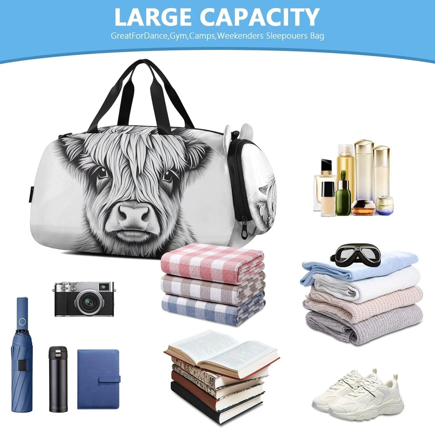 Cute Highland Cow Vintage Farm Girls Tote Duffle Bags Travel Overnight Weekender Duffel Duffle Bag for Kids Boys Carry on Duffel Bag
