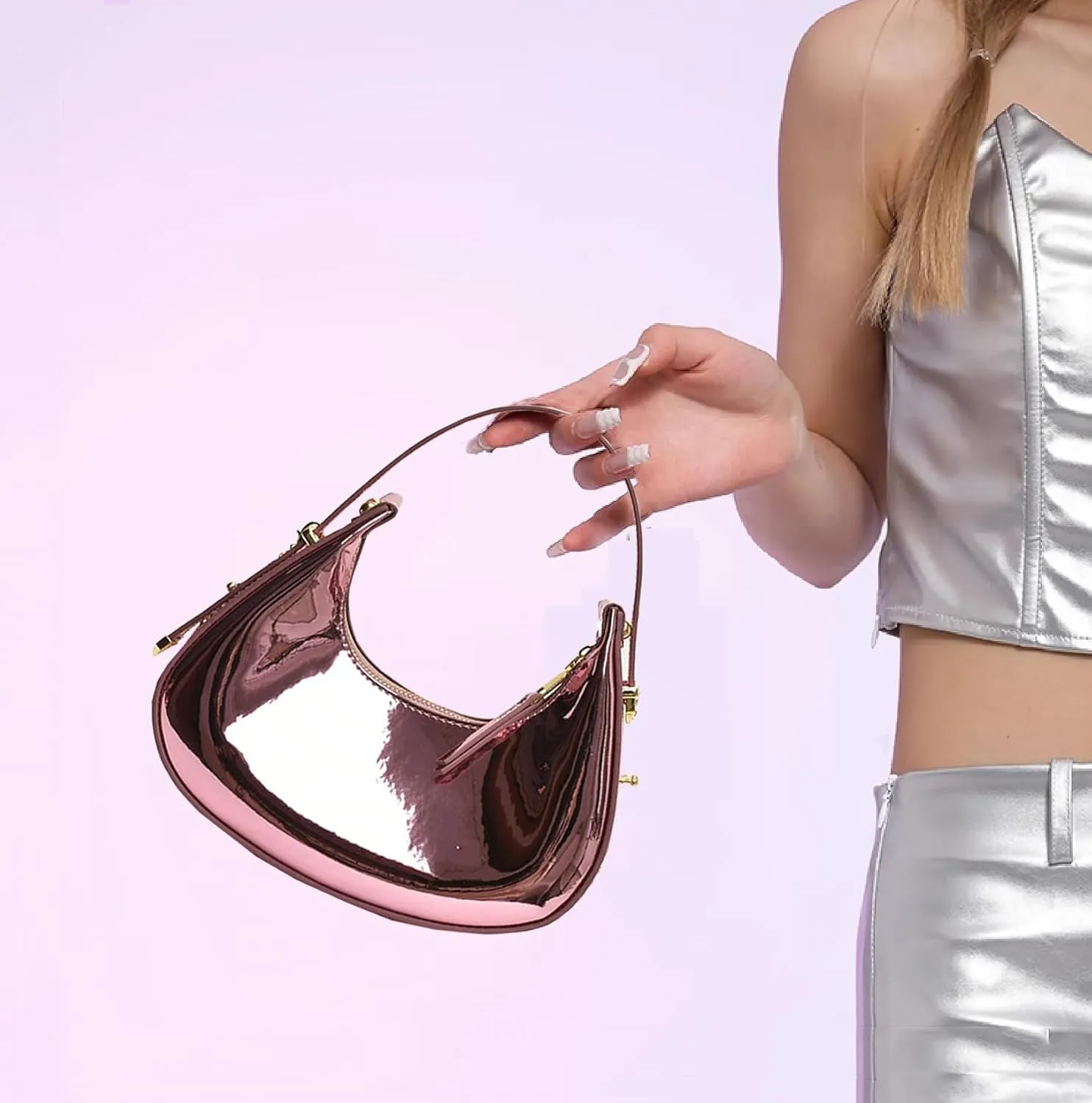 Cute Metallic Purses for Women Stylish Crescent Shoulder Bag Small Gold Crossbody Purse Patent Underarm Moon Bag