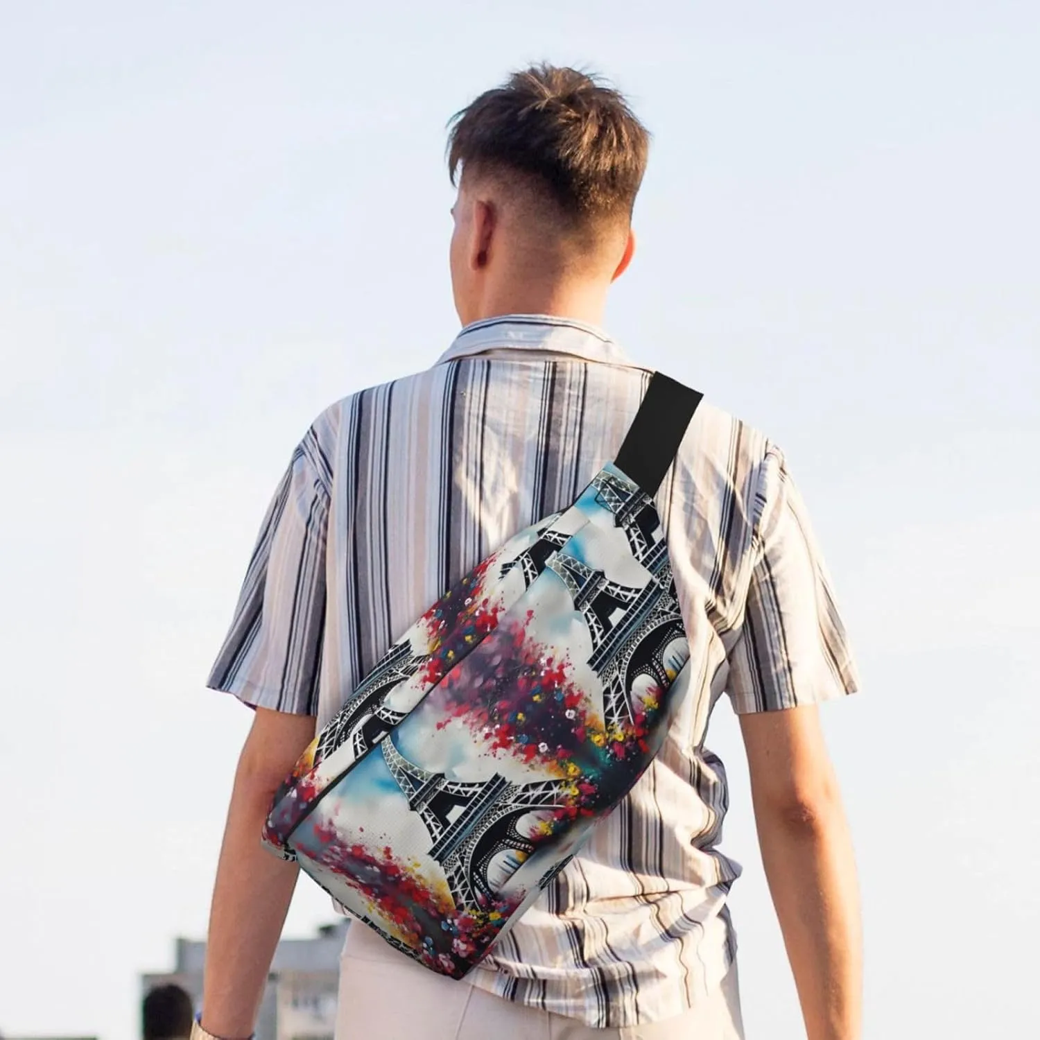 Eiffel Tower Paris Painting Fanny Pack Crossbody Sling Bag  Zipper Pockets for Travel, Hiking, Cycling, Workouts, and Everyday Use