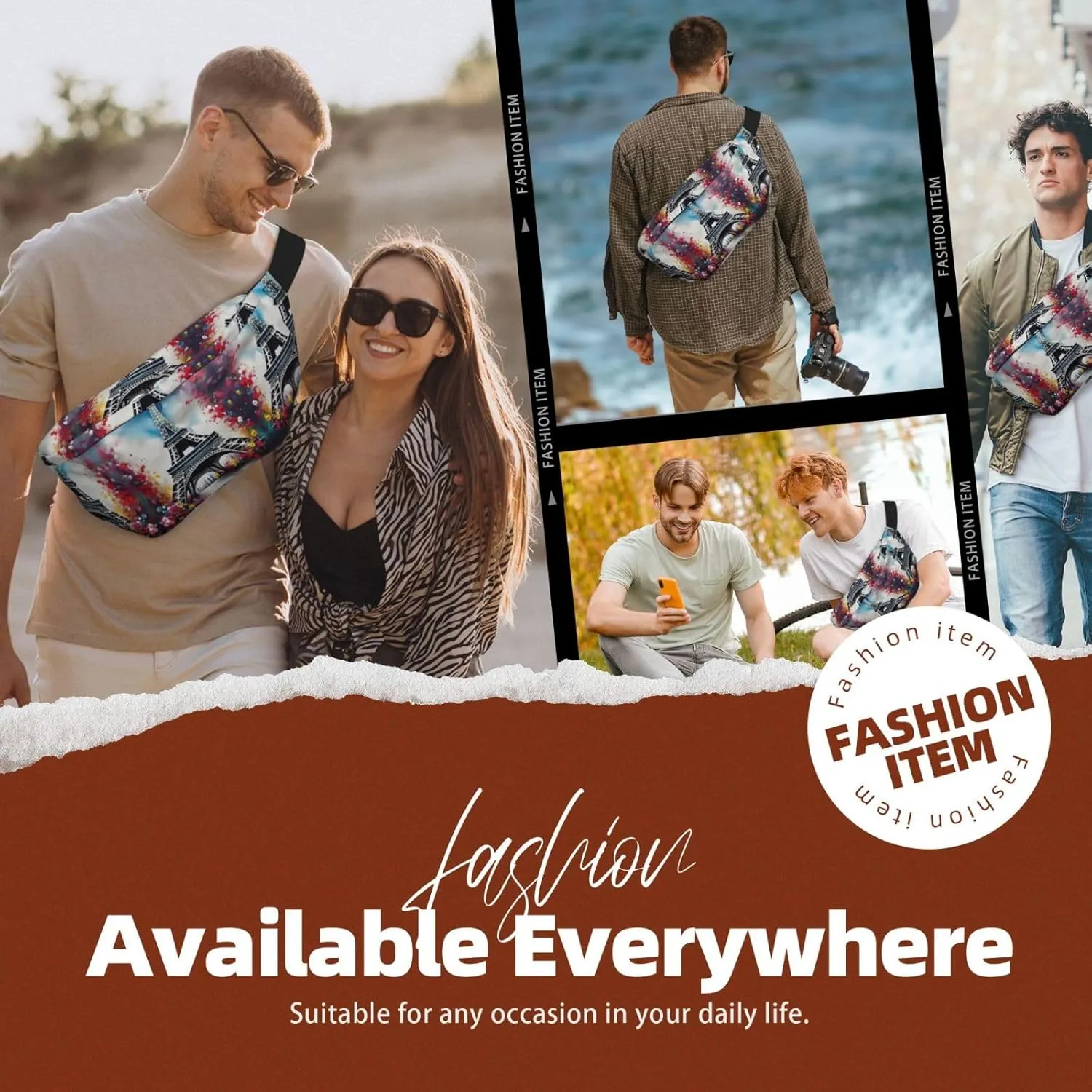 Eiffel Tower Paris Painting Fanny Pack Crossbody Sling Bag  Zipper Pockets for Travel, Hiking, Cycling, Workouts, and Everyday Use