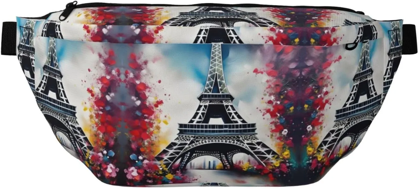Eiffel Tower Paris Painting Fanny Pack Crossbody Sling Bag  Zipper Pockets for Travel, Hiking, Cycling, Workouts, and Everyday Use