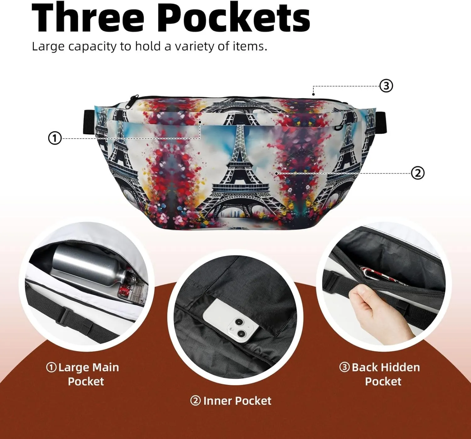 Eiffel Tower Paris Painting Fanny Pack Crossbody Sling Bag  Zipper Pockets for Travel, Hiking, Cycling, Workouts, and Everyday Use