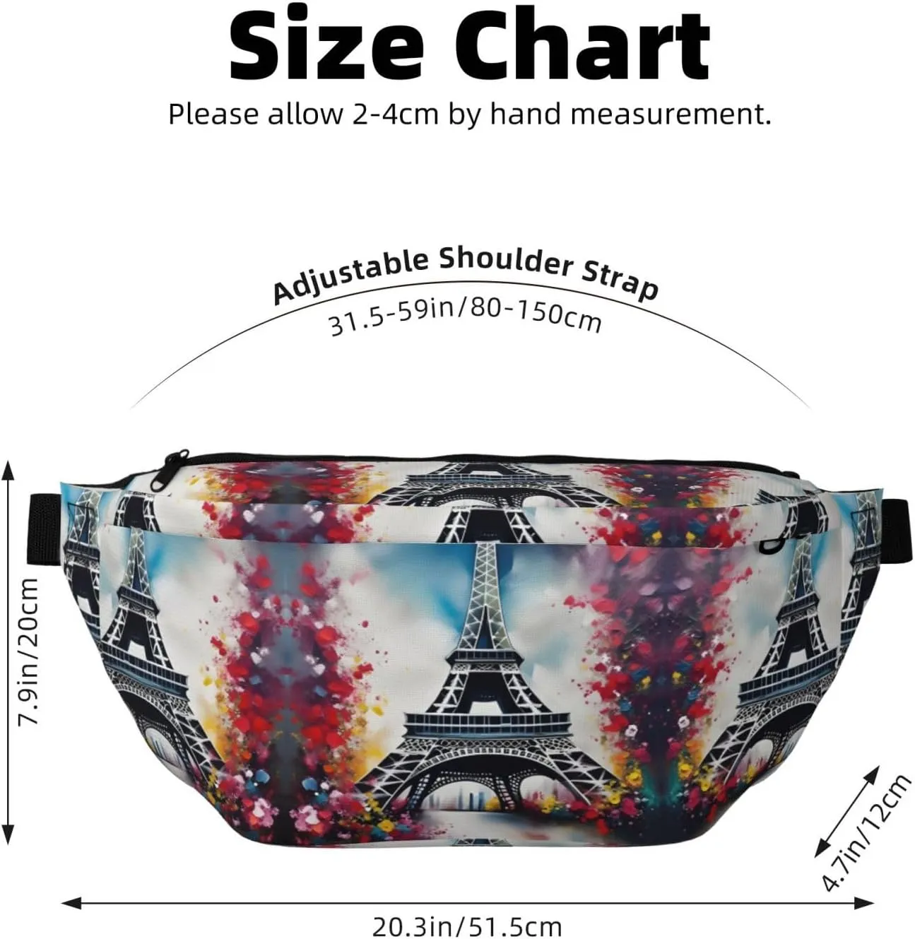 Eiffel Tower Paris Painting Fanny Pack Crossbody Sling Bag  Zipper Pockets for Travel, Hiking, Cycling, Workouts, and Everyday Use