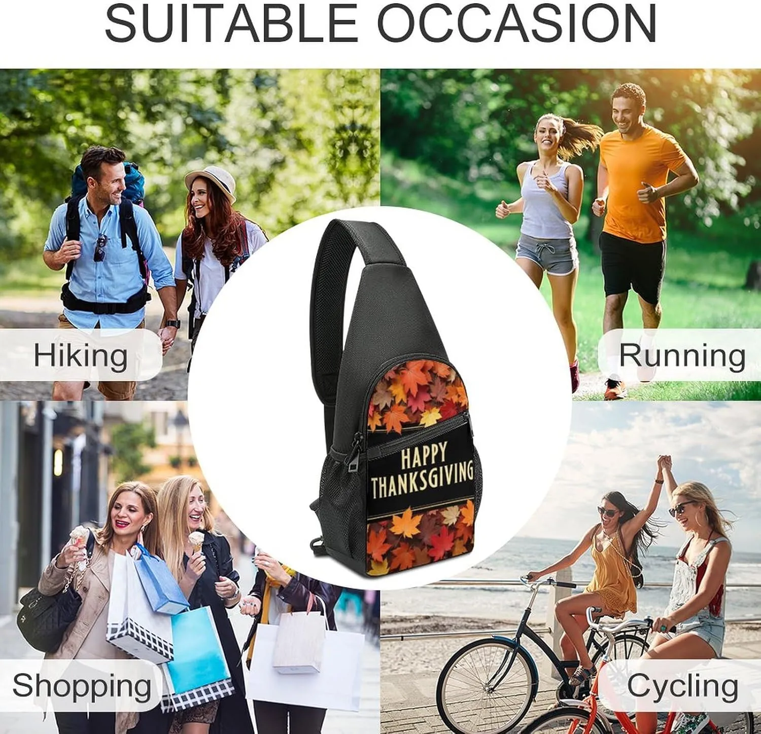 Fashion Happy Thanksgiving Fall Red Maple Backpack, Crossbody Bag with Anti-Loss Key Strap and Sponge Padded Shoulder Strap, Multi-Purpose Chest Pack for Hiking Running Daily Use