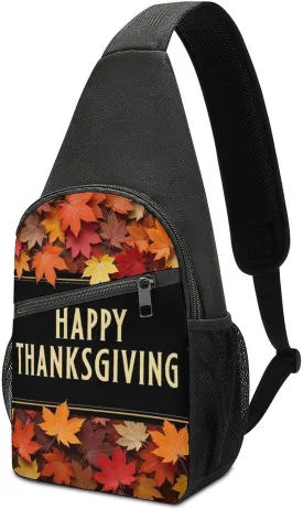 Fashion Happy Thanksgiving Fall Red Maple Backpack, Crossbody Bag with Anti-Loss Key Strap and Sponge Padded Shoulder Strap, Multi-Purpose Chest Pack for Hiking Running Daily Use
