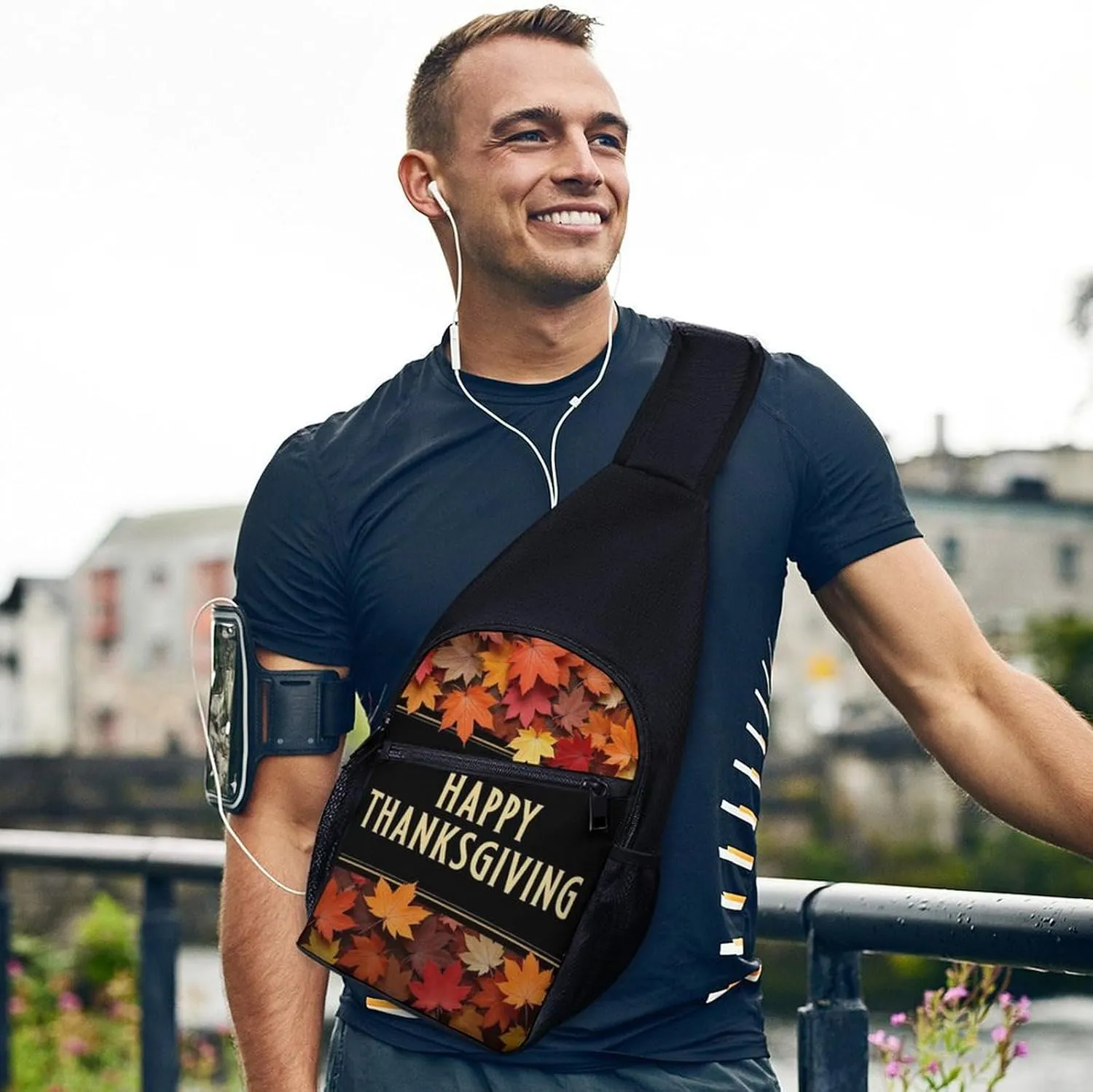 Fashion Happy Thanksgiving Fall Red Maple Backpack, Crossbody Bag with Anti-Loss Key Strap and Sponge Padded Shoulder Strap, Multi-Purpose Chest Pack for Hiking Running Daily Use