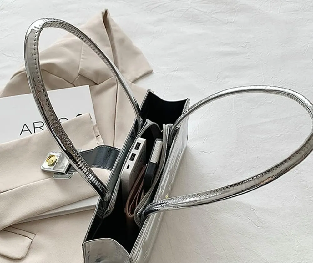Fashion Show Orange Shiny Metallic Embossed Top Handle Handbag