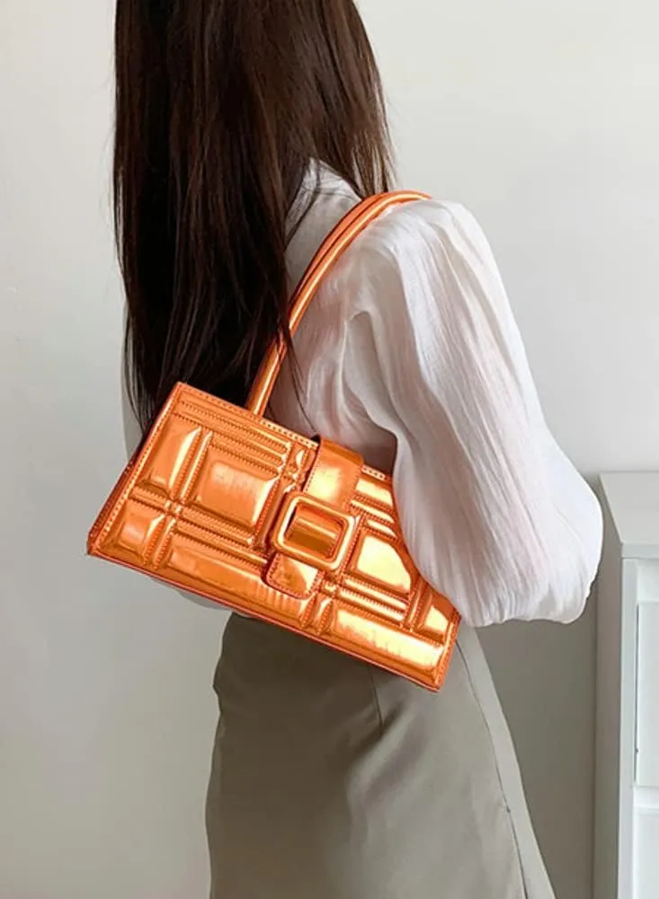 Fashion Show Orange Shiny Metallic Embossed Top Handle Handbag